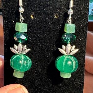 Hand Crafted Green Glass, Silver, and Crystal Dangle Earrings